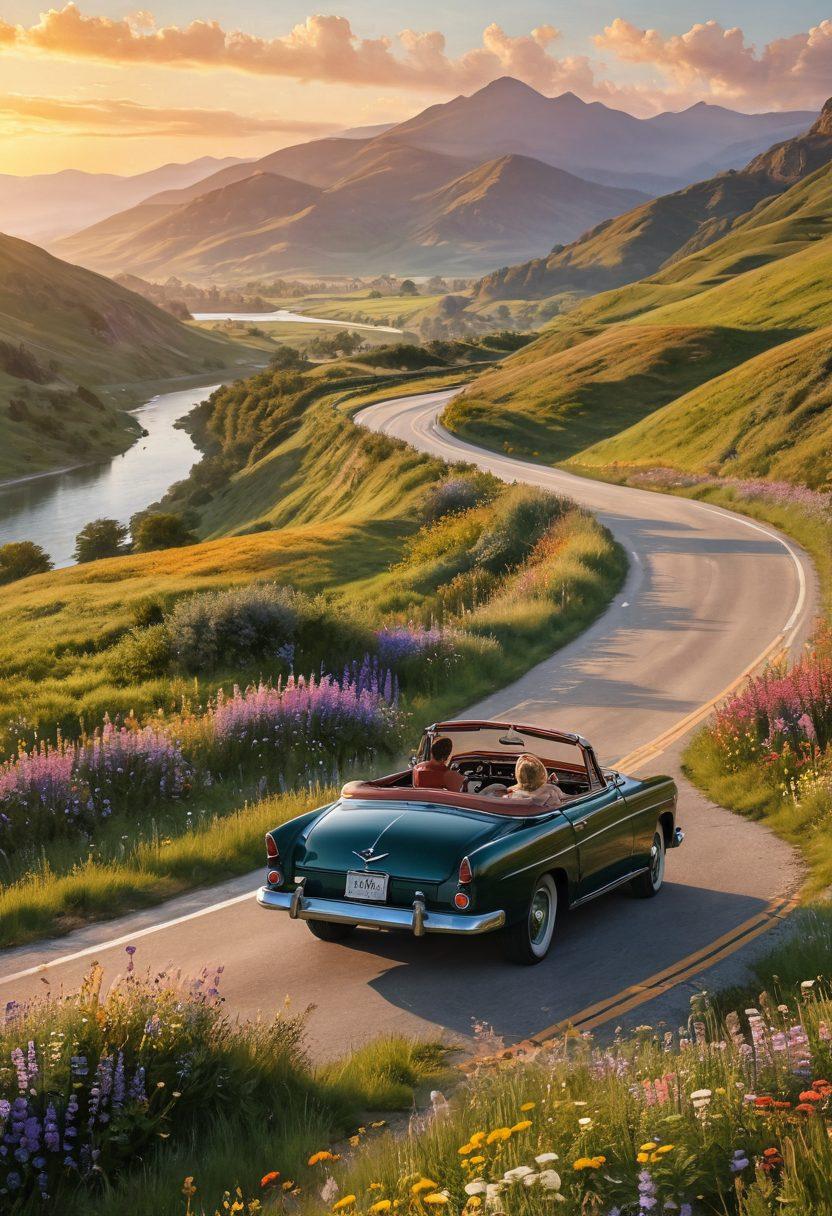 A scenic winding road surrounded by lush green hills and blooming wildflowers, with a couple in a vintage convertible car, laughing and enjoying the journey. Soft golden sunlight bathes the scene, creating a romantic atmosphere. Misty mountains stand majestically in the background, symbolizing adventure and passion. The sky is painted with warm hues of sunset. super-realistic. vibrant colors.