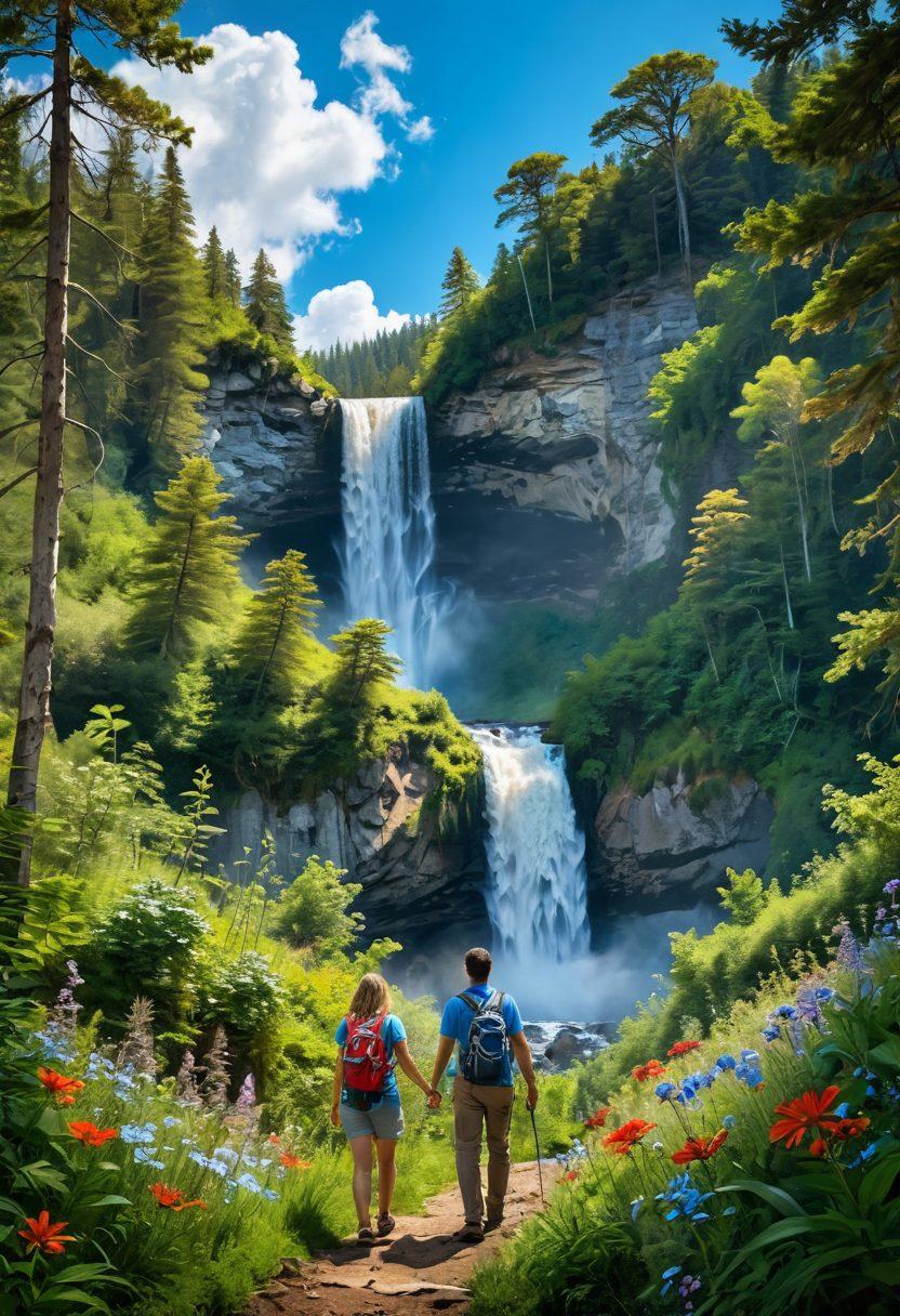 A serene landscape featuring a couple hiking together through a lush forest, with vibrant wildflowers and a cascading waterfall in the background. Include a bright blue sky with fluffy white clouds and birds soaring above. The couple is smiling and holding hands, embodying a spirit of adventure and connection. The scene should evoke a sense of peace and joy in nature. vibrant colors. super-realistic.