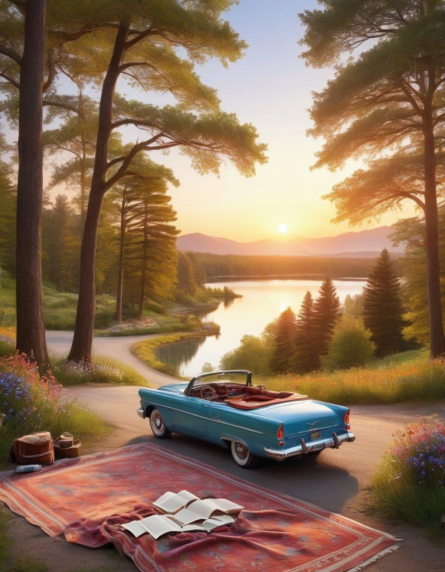 A picturesque winding road lined with blooming wildflowers and towering trees, leading to a stunning sunset over a serene lake. A vintage convertible parked at a scenic overlook, with a couple enjoying a picnic spread on a classic blanket, showcasing maps and travel books. Add a soft warm glow to the scene to evoke romance and adventure. vibrant colors. super-realistic.